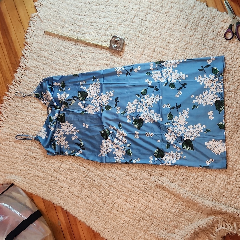Blue floral print  satin cowl neck midi dress by xxxiticat